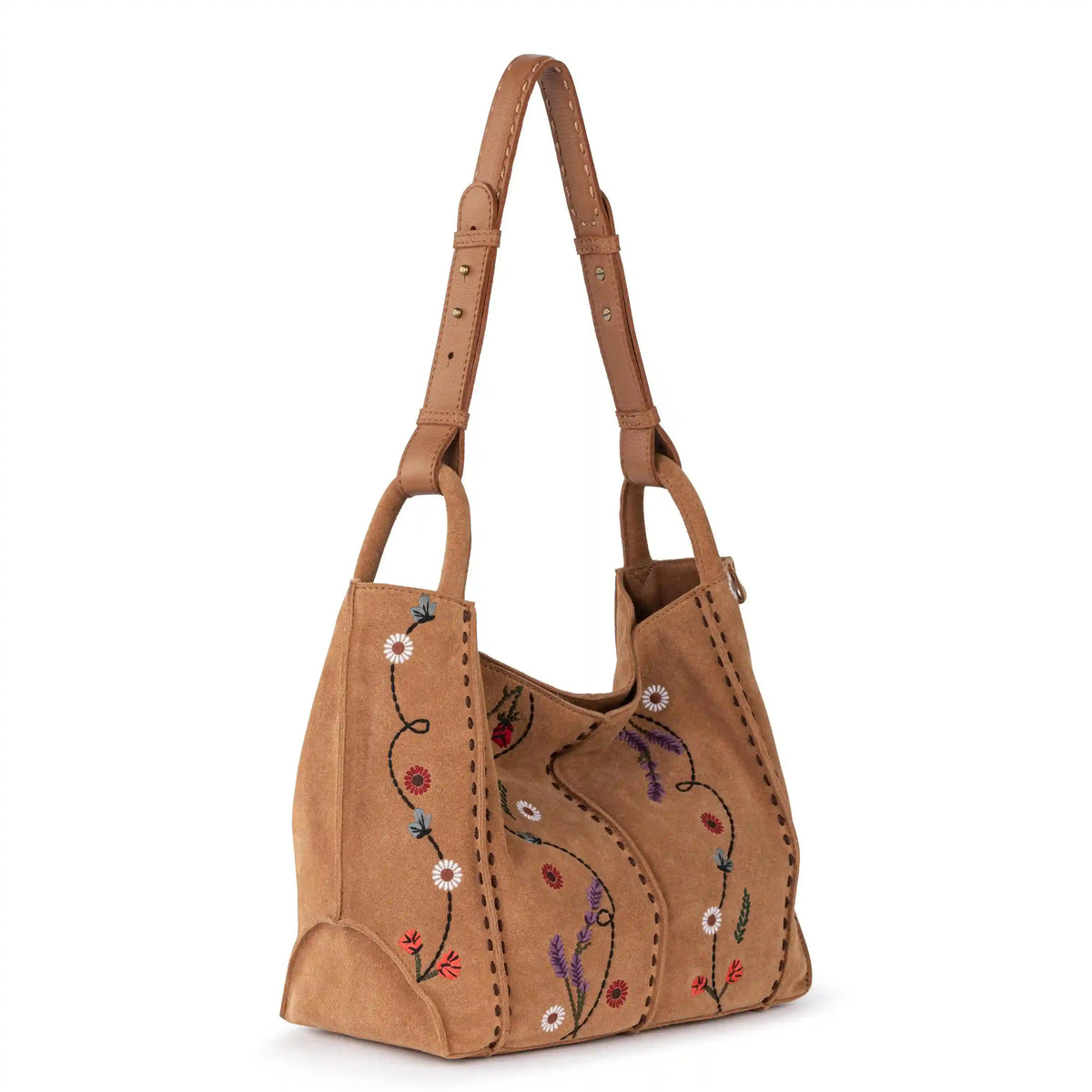 Los Feliz Medium Tote - Leather - Tan Suede Whimsy Floral Embroidery