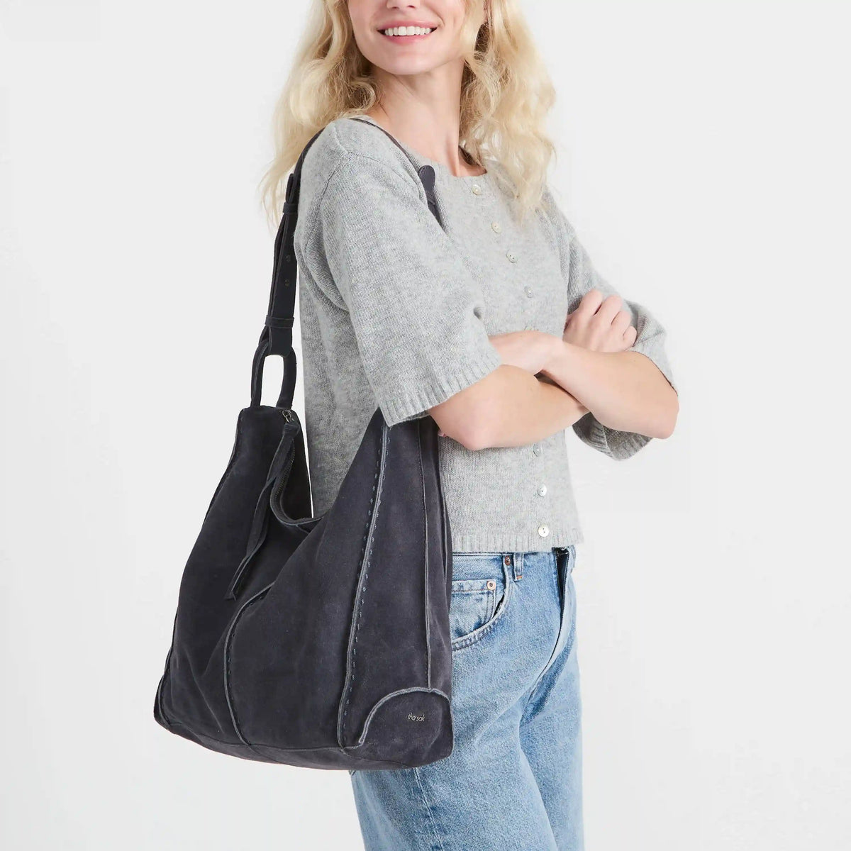 Los Feliz Bucket Hobo - Leather - Storm Grey Suede
