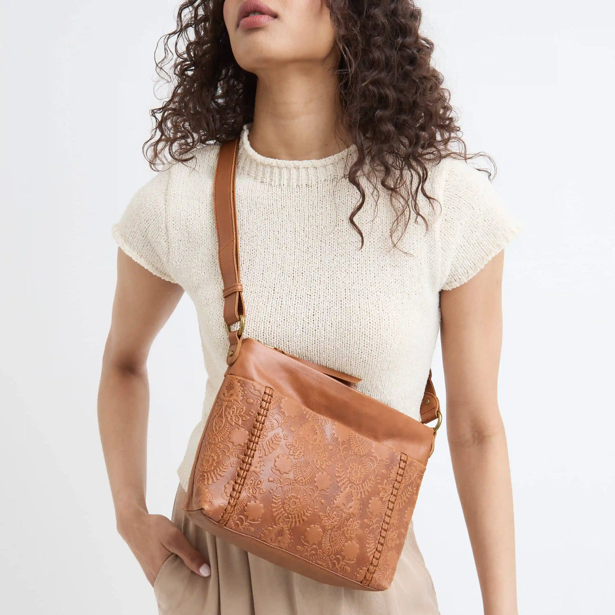 Melrose Crossbody - Leather - Tobacco Floral Embossed