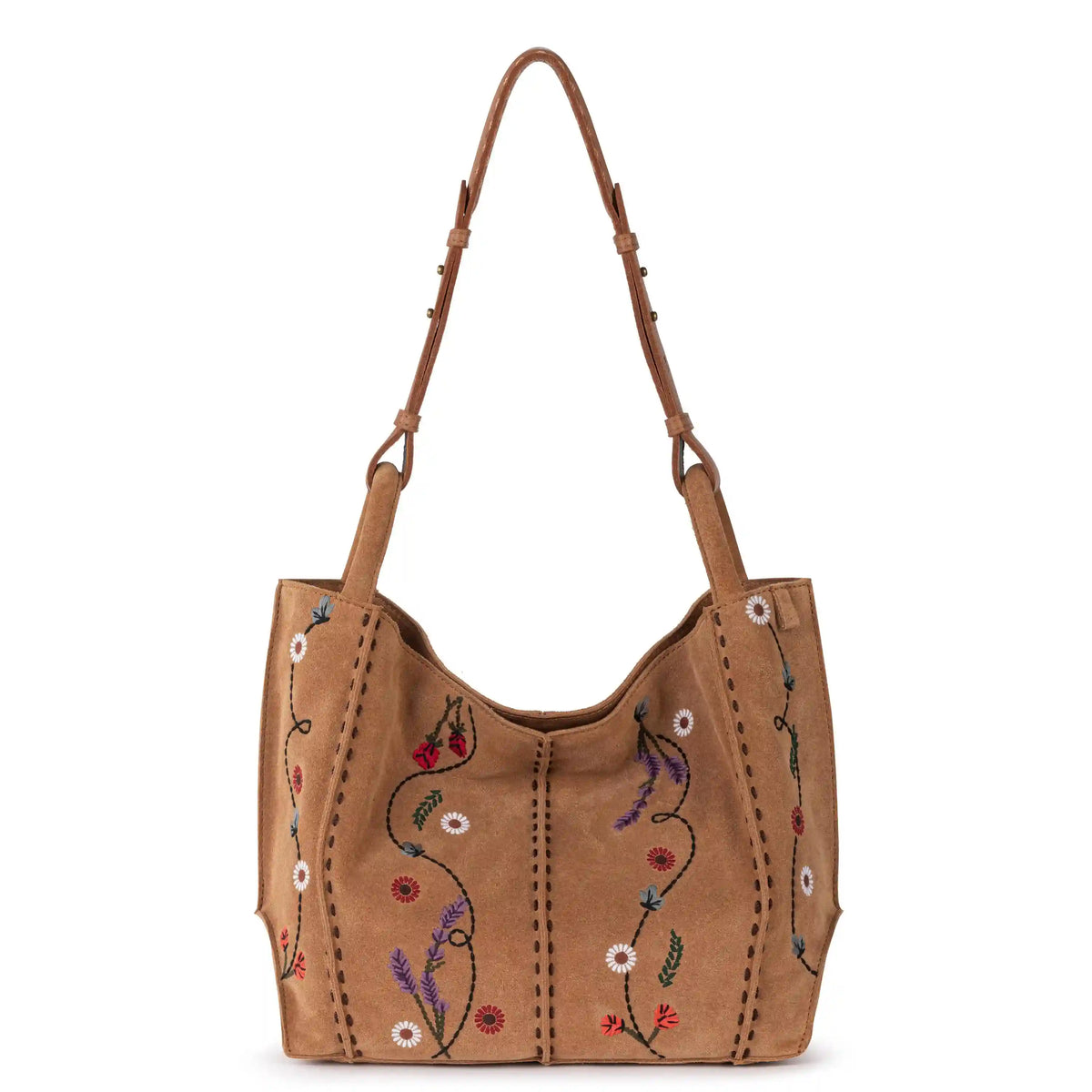 Los Feliz Medium Tote - Leather - Tan Suede Whimsy Floral Embroidery