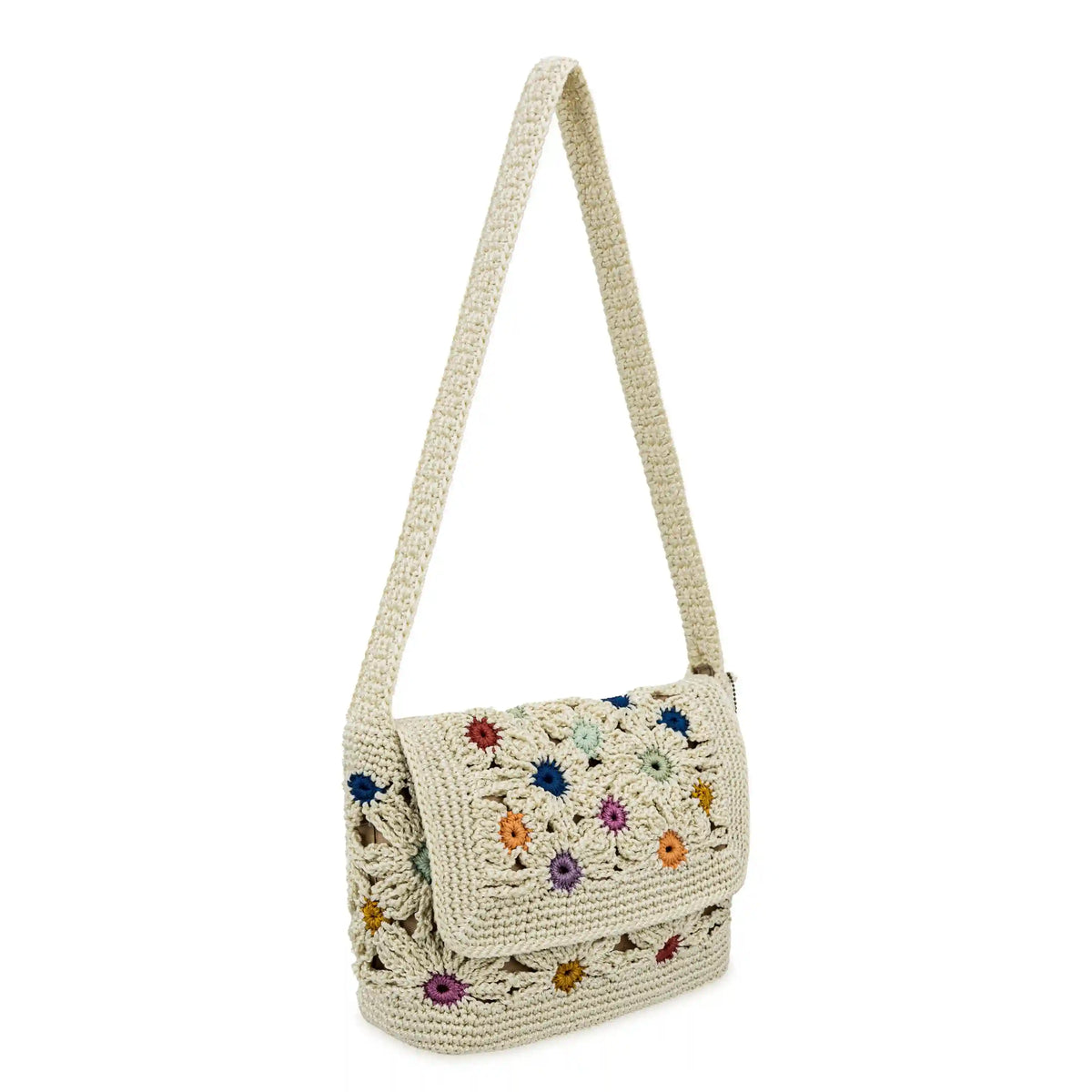 Marlow Flap Shoulder Bag - Hand Crochet - Natural Multi Flowers