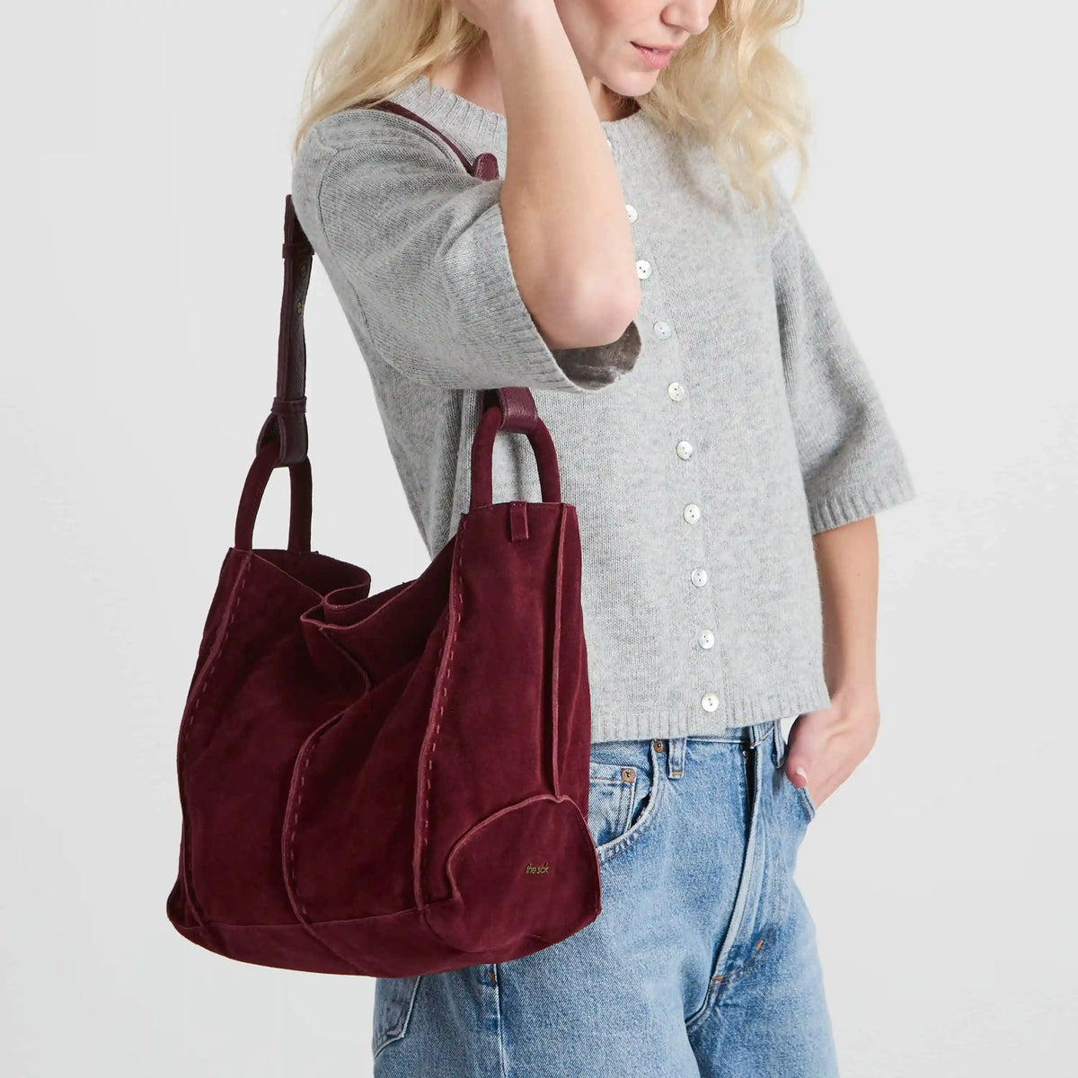 Los Feliz Medium Tote - Leather - Black Cherry Suede