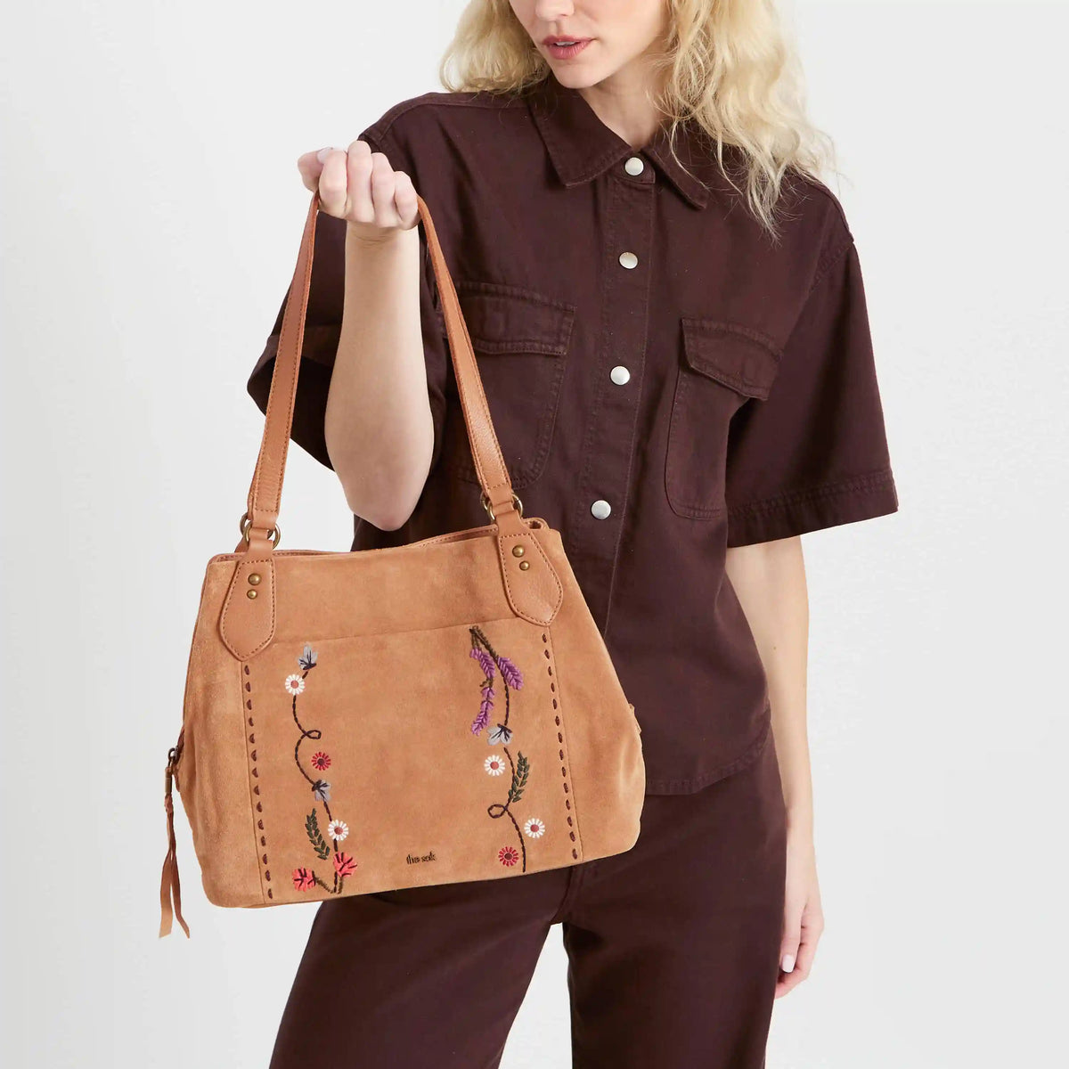 Melrose Satchel - Leather - Tan Suede Whimsy Floral Embroidery