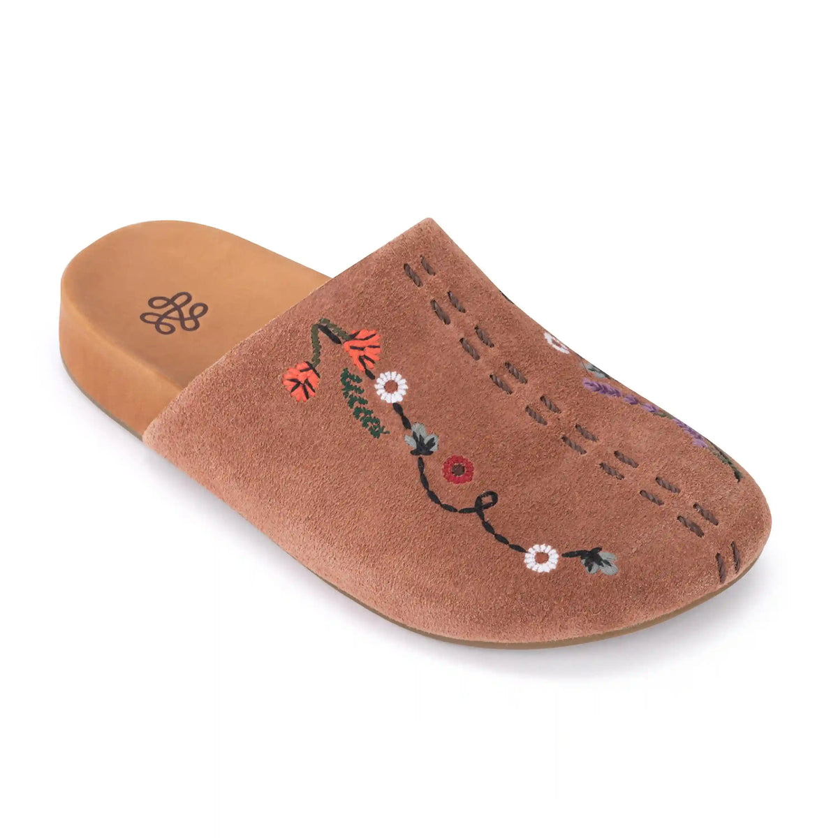 Bolinas Clog - Leather - Tobacco Suede Whimsy Floral Embroidery