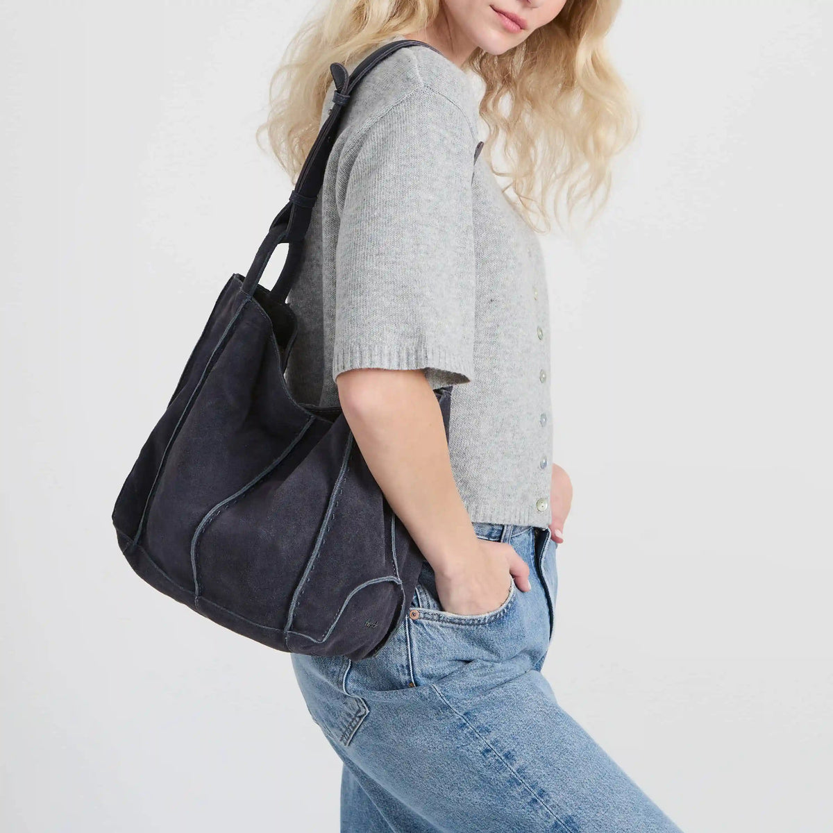 Los Feliz Medium Tote - Leather - Storm Grey Suede