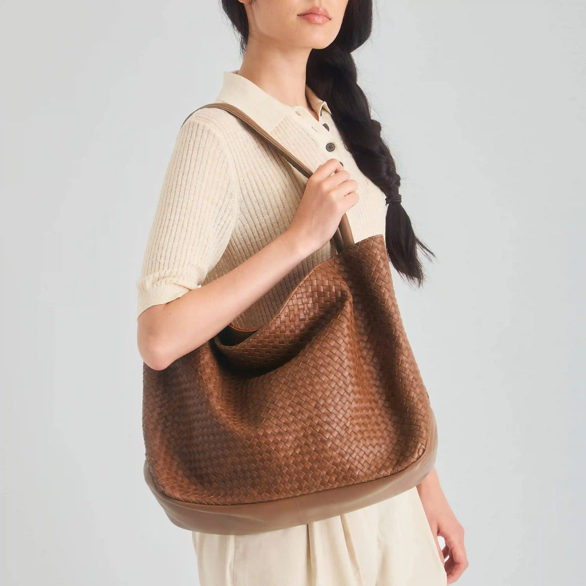 Los Feliz Large Tote - Leather - Woven Cognac