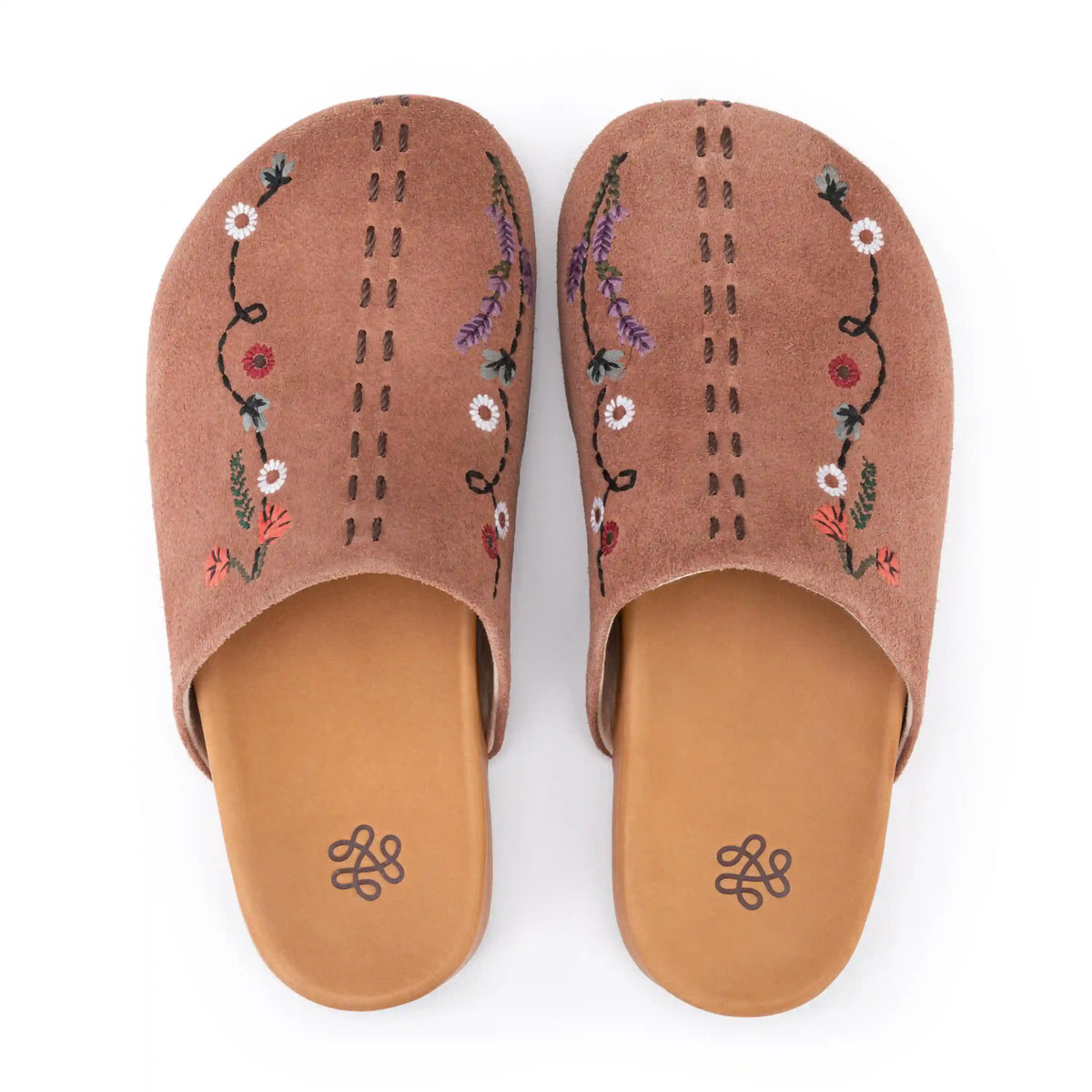 Bolinas Clog - Leather - Tobacco Suede Whimsy Floral Embroidery