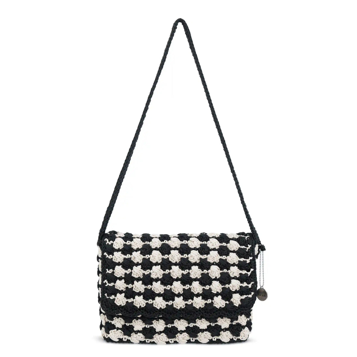 Marlow Flap Shoulder Bag - Hand Crochet - Black Ecru Shell