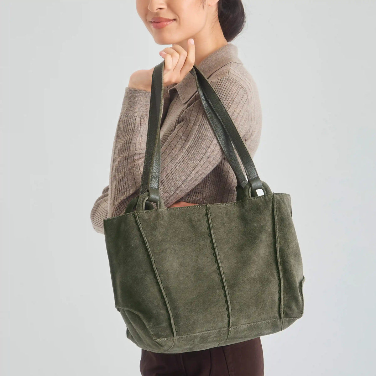 Los Feliz Satchel - Leather - Moss Suede
