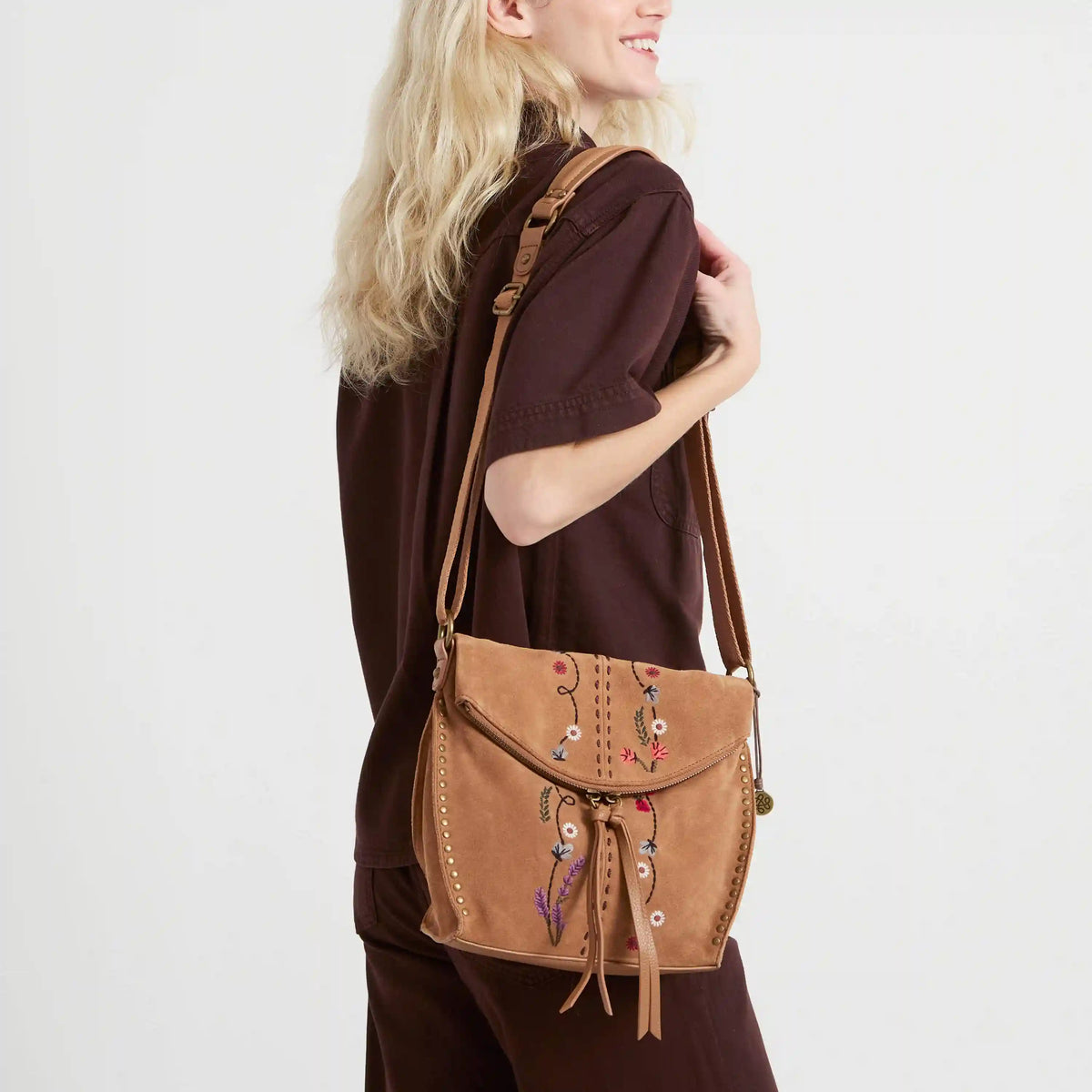 Silverlake Flap Crossbody - Leather - Tan Suede Whimsy Floral Embroidery