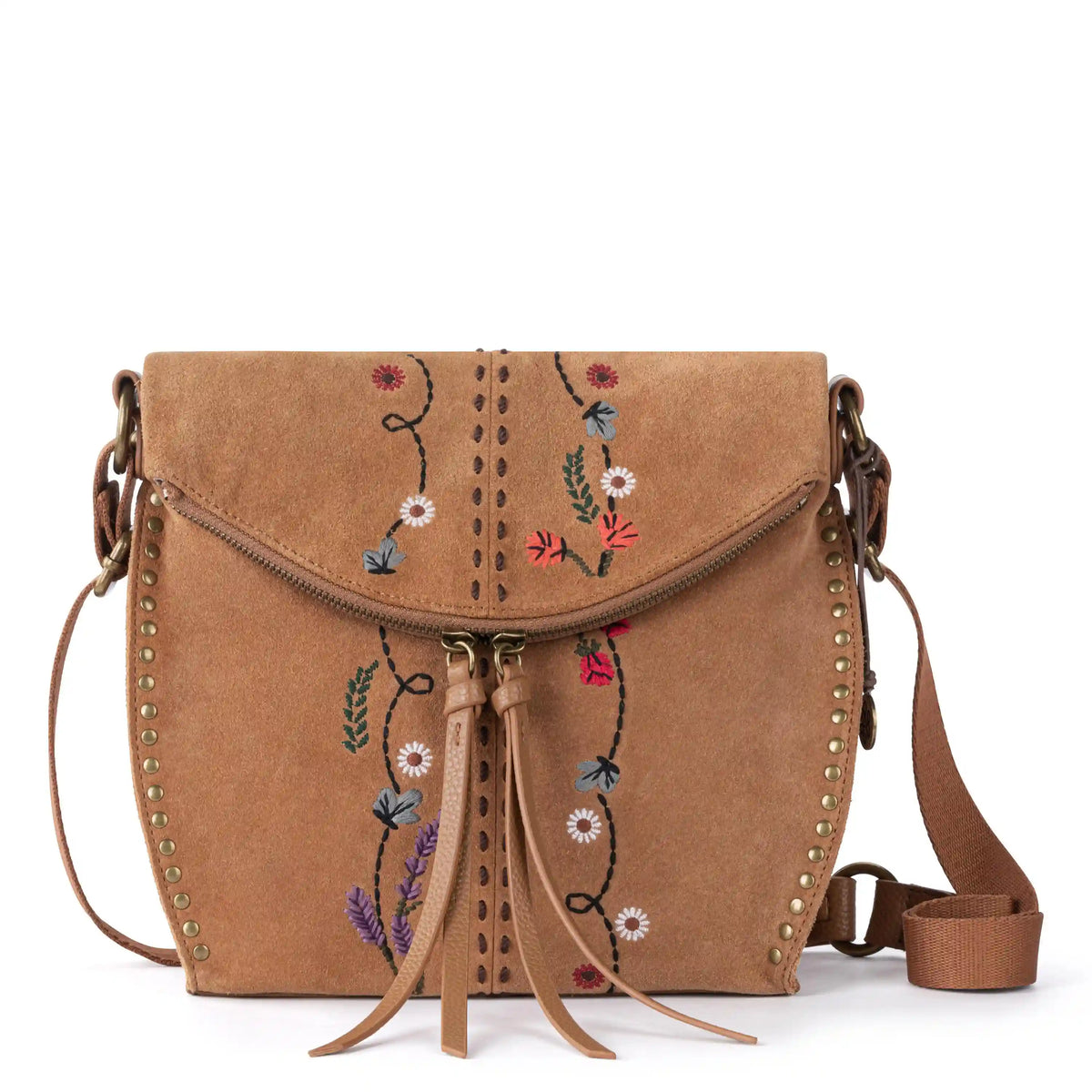 Silverlake Flap Crossbody - Leather - Tan Suede Whimsy Floral Embroidery