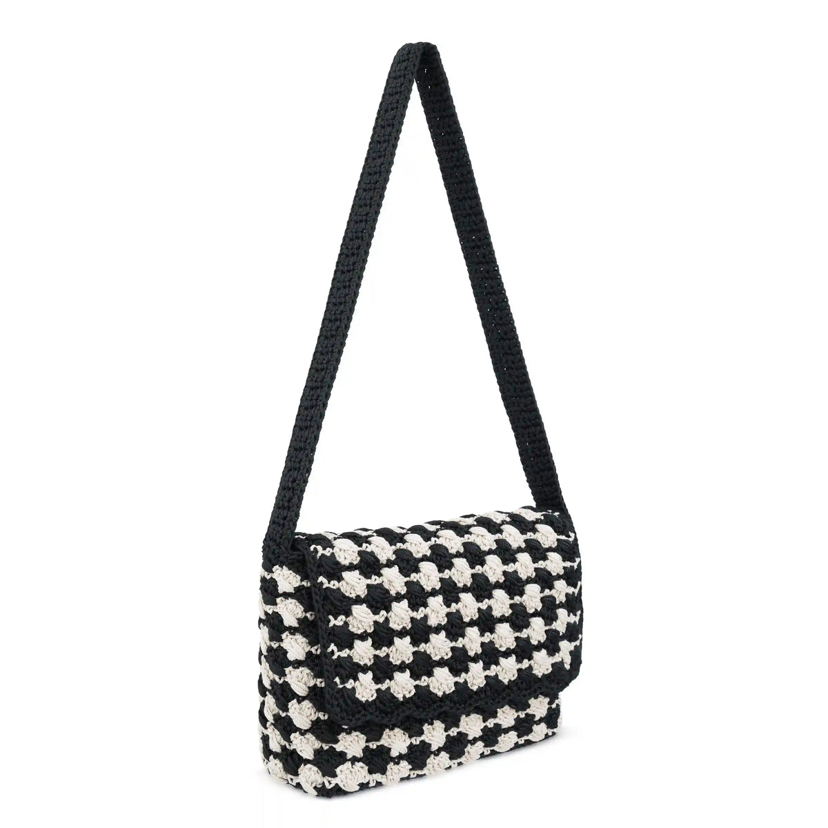 Marlow Flap Shoulder Bag - Hand Crochet - Black Ecru Shell