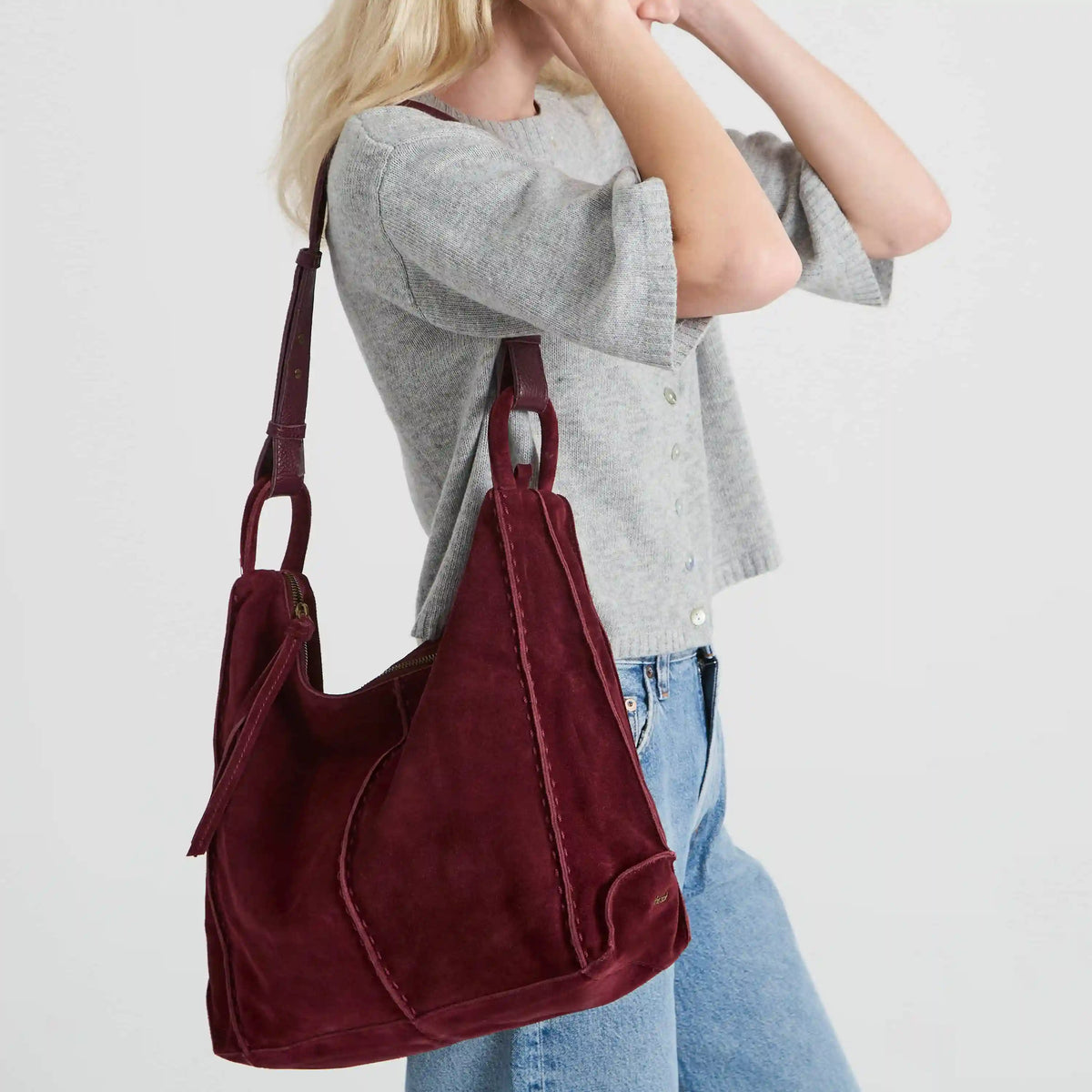 Los Feliz Bucket Hobo - Leather - Black Cherry Suede